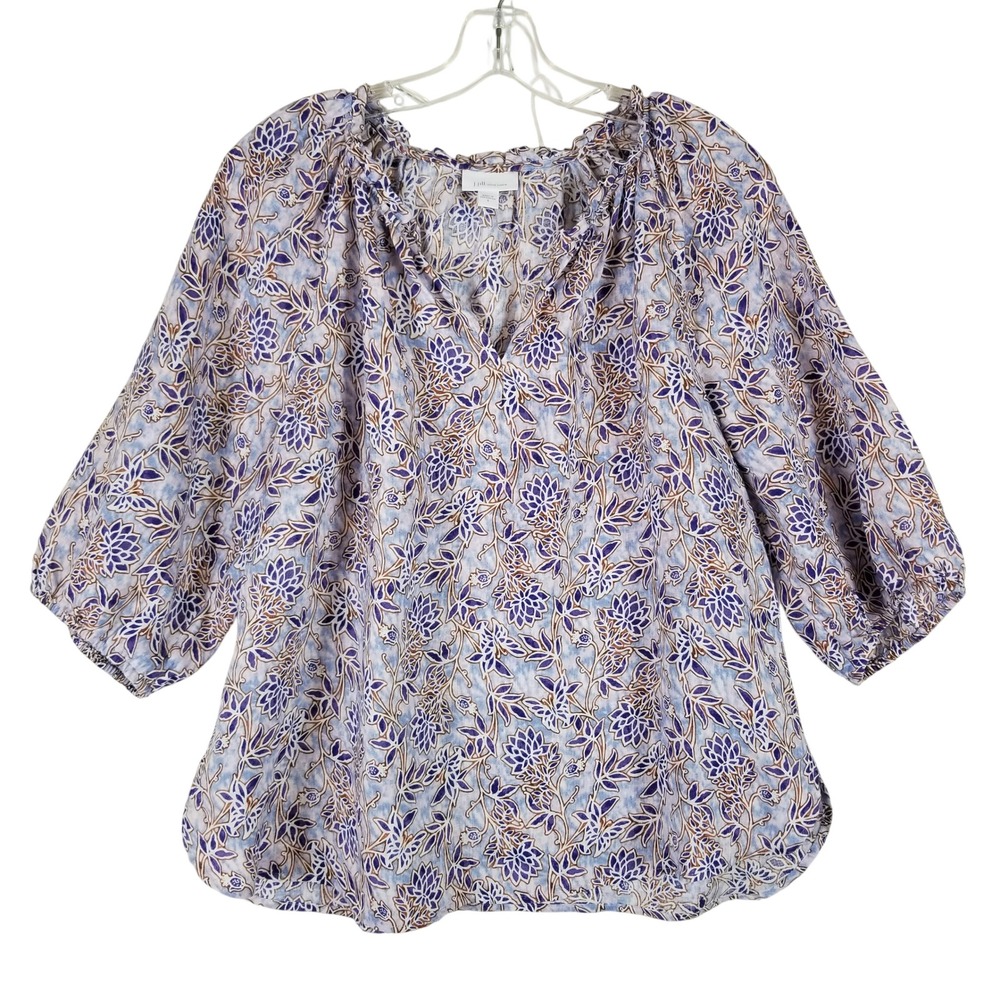 J. Jill Love Linen Blouse Womens Small Purple Floral 3/4 Balloon Sleeve Top